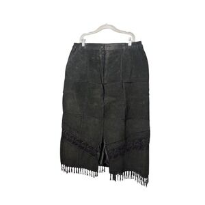 CBO Patchwork Leather Midi Skirt Crochet Fringe Hem Black Womens Size 1X Boho